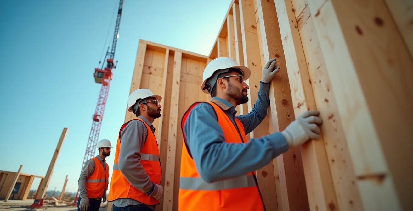 Équipe de charpentiers assemblant rapidement les panneaux préfabriqués d'une maison passive en ossature bois